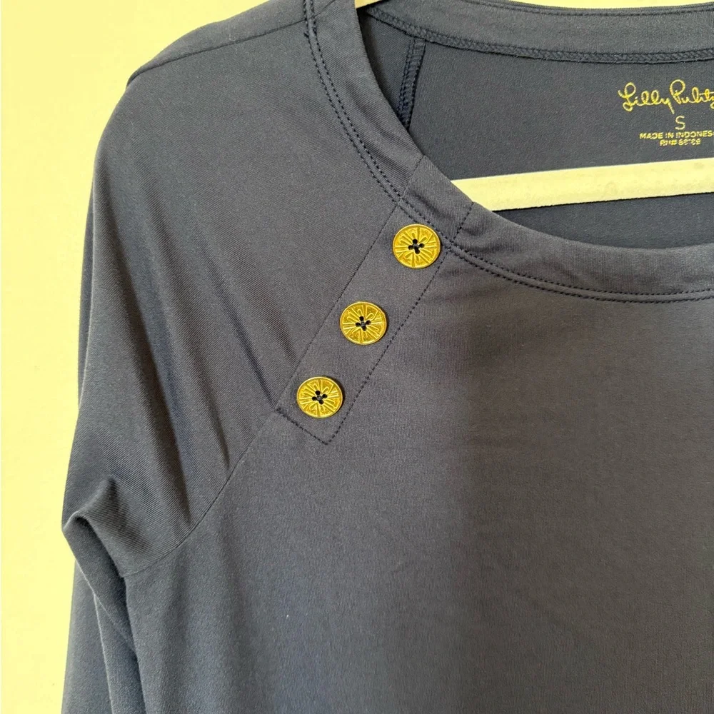 Navy Blue 3/4 Sleeve Dress with Button Accents - Picture 6 of 7